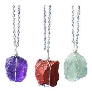 天然宝石项链原石原矿项链粉水晶红碧玉太阳石黄水晶手工编织吊坠