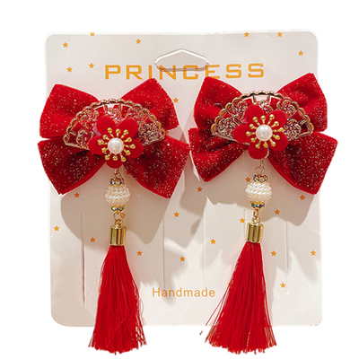 新年红色儿童发夹中国风汉服流苏