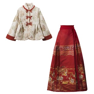冬季喜庆马年红色拜年服明制汉服保暖加绒外套织金刺绣马面裙套装