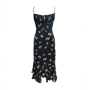 Lily Rose 法式黑色蝴蝶连衣裙复古碎花吊带裙设计感度假风长裙子