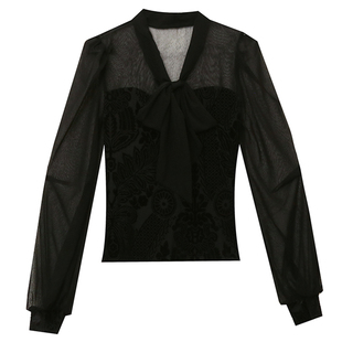 欧货网纱拼接植绒上衣女秋装新款性感V领长袖T恤气质雪纺打底小衫