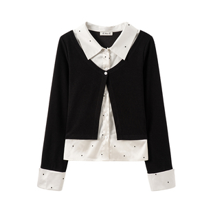 奶油的宇宙 波点拼接假两件polo领衬衫长袖女设计感修身早秋上衣