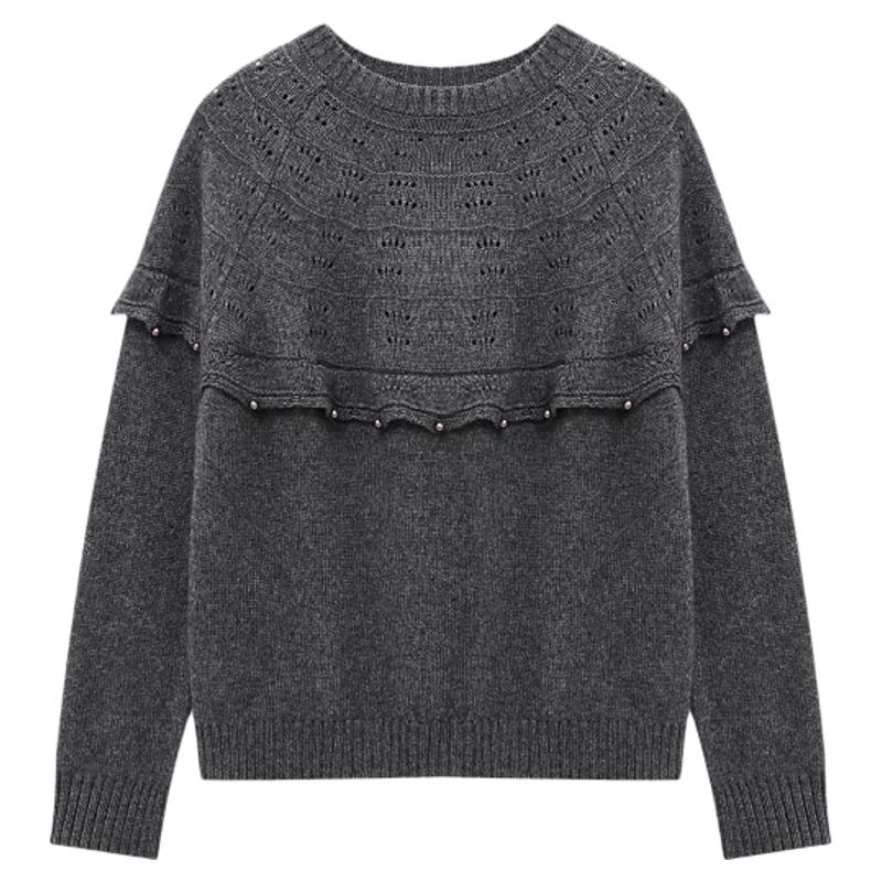Basic House/百家好灰色圆领小众设计毛衣女早秋宽松显瘦短款上衣
