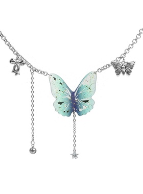 黑度蝴蝶配饰绿色流苏项链