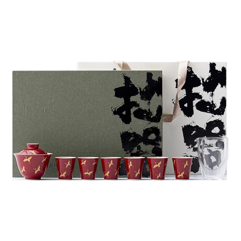 婚礼礼盒装郎红烫金仙鹤盖碗