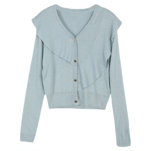 Lavinia2025春夏新款设计感v领荷叶边单排扣淡人穿搭羊毛针织开衫