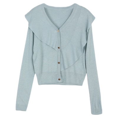 Lavinia2025春夏新款设计感v领荷叶边单排扣淡人穿搭羊毛针织开衫