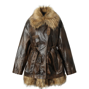 BAK原创 美拉德复古脏洗可脱卸两件套装大毛领皮衣秋冬棉服