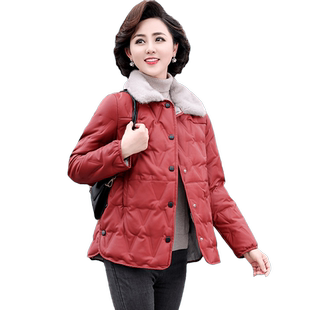 妈妈冬装洋气皮羽绒服小个子短款中年女棉袄中老年时尚保暖棉衣