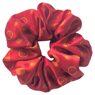 新年过年礼物祝福发饰原创100%桑蚕丝真丝发圈红色头绳金福呈祥