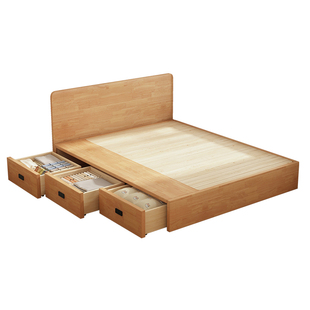 简约实木薄床头床头原木色榻榻米储物床主卧三抽高箱静音双人床