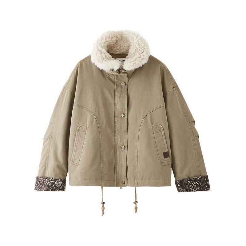 三福厚外套女2025新款冬季保暖毛绒翻领宽松短款派克服女装848677