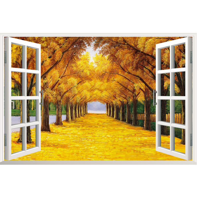 3D假窗户贴画古典油画风景 宾馆客厅水墨山水黄金满地装饰贴画