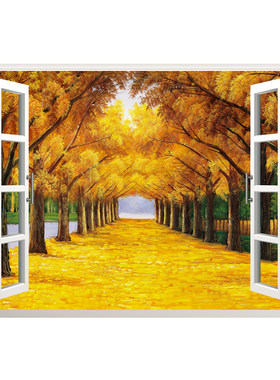 3d假窗户贴画古典油画黄金满地