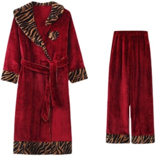 原创美艳虎纹豹纹酒红法兰绒睡袍系带两件套装珊瑚绒可外穿家居服