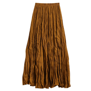 2025秋季新款高级多巴胺长款黄色褶皱半身裙女秋冬长裙子百褶半裙