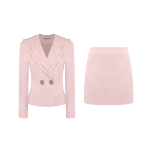 Maison Wester2025秋季新品翻领泡泡袖粉色短款外套西装半裙套装