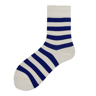 二道杠条纹袜子女中筒袜C字母雾蓝海军色ins潮学院风纯棉无骨短袜