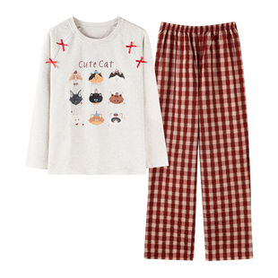 卡之恋睡衣女秋冬季加厚长袖T恤纯棉布料100全棉红色格子裤家居服