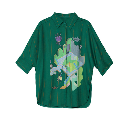 谜底大廓形印花衬衫分袖女2025夏季新款复古风条纹衬衣256MC6210