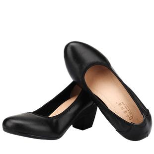 真皮工作鞋女黑色职业鞋中跟大小码单鞋防滑职业鞋浅口粗跟女皮鞋