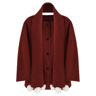 SeRinaBlue2026春季新款圣诞新年红色围巾斗篷毛呢外套女羊毛大衣