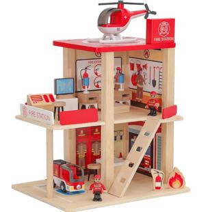 木制儿童过家家玩具仿真立体旋转停车场木质轨道警察局消防局套装