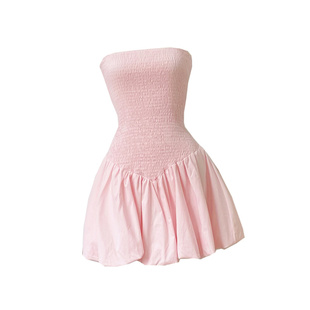 法式chic气质抹胸褶皱无袖露背连衣裙女夏季新款蓬蓬裙花苞短裙