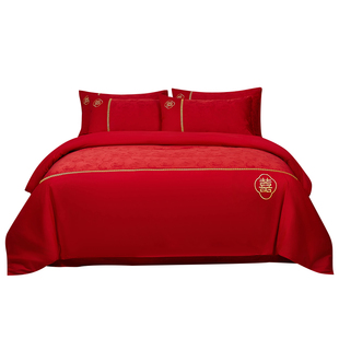 红豆高端婚庆四件套纯棉喜庆结婚龙凤纯棉婚嫁婚床新婚大红喜被套