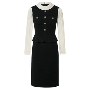 La Koradior拉珂蒂秋季通勤新款法式假两件气质连衣裙拼接礼服裙