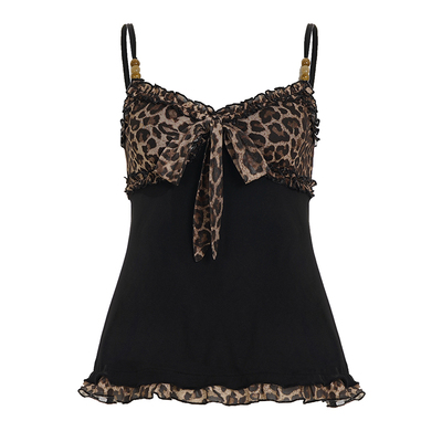 WEEKEEP 涩谷辣妹豹纹网纱拼接木耳边V领绑带收腰串珠吊带背心潮