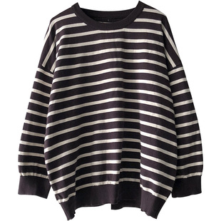 春秋套头针织衫女宽松大码条纹内搭长袖上衣外穿薄款低领打底毛衣