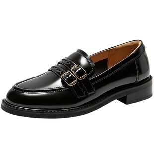 千百度漆皮通勤乐福鞋女款秋季深口小皮鞋T带中跟一脚蹬舒适单鞋