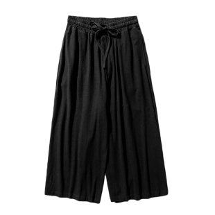 秋春学院风裙裤男日系黑色显瘦棉麻休闲裤大码阔腿裤宽松百搭裤子