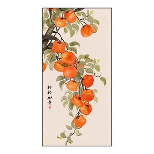 纯手绘油画柿柿如意入户门挂画轻奢高级感客厅壁画玄关过道装饰画