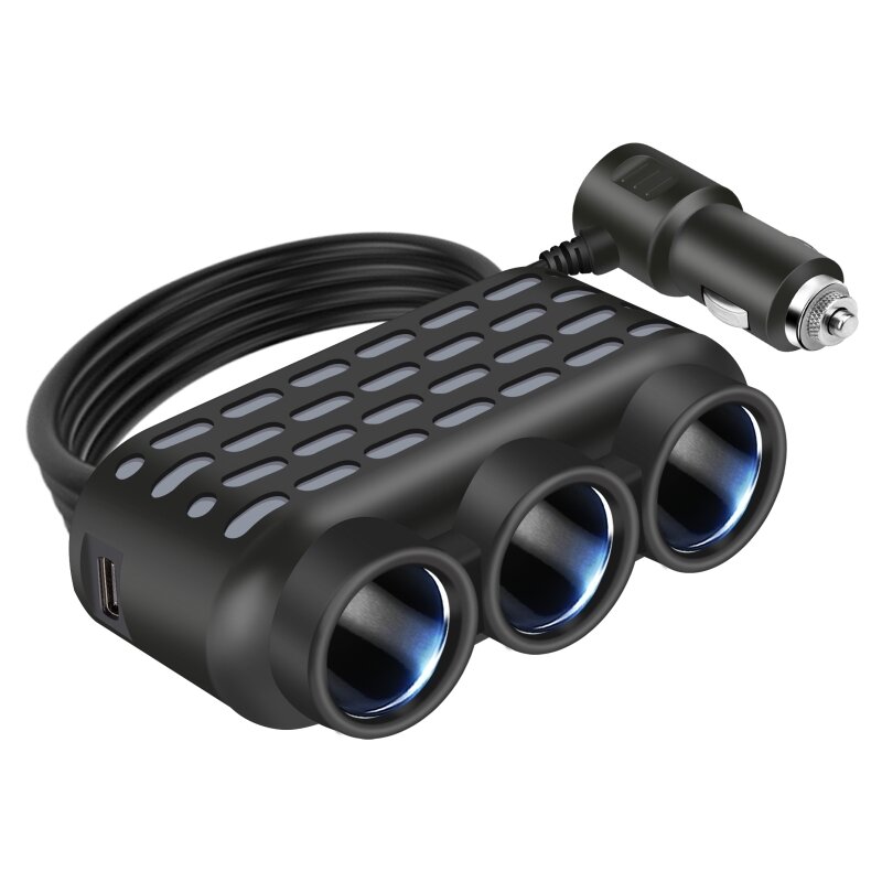 七彩灯车载一拖三点烟器充电器车充QC3.0+USB+PD快充接口12V24V通