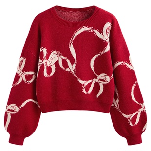 CIDER 新款提花针织衫蝴蝶结印花宽松红色毛衣113869663