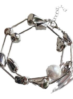 复古气质不规则金属拼接珍珠项链