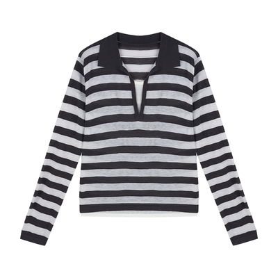 韩系撞色条纹假两件针织Polo衫