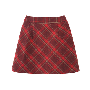 女童半身裙2025冬装新款中大童加厚年款红色裙子儿童格纹毛呢短裙
