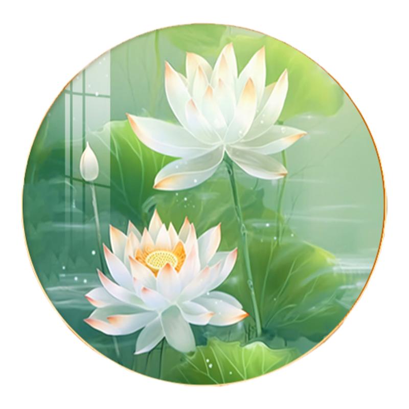 现代简约荷花挂画入户玄关圆形装饰画客厅茶室走廊过道尽头墙壁画