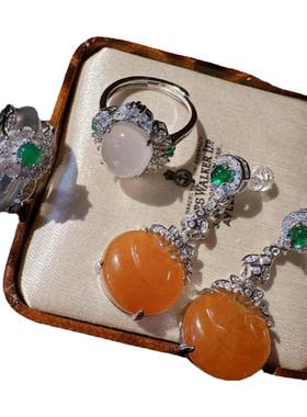 土耳其白玉髓宝石戒指 水灵水灵 白月光荔枝冻 玉髓柿子锆石耳环