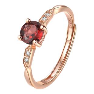 天然红石榴石宝石戒指S925纯银镀18K金简约复古活口环送女友礼物