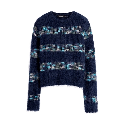 Desigual宽松蓝色花纱拼接条纹圆领女士针织衫