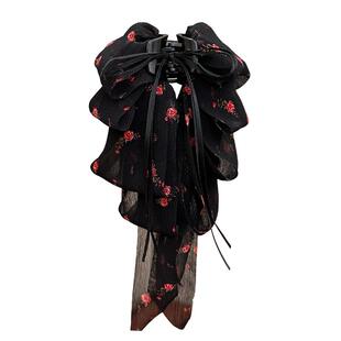 甜美白色碎花抓夹蝴蝶结低马尾发夹女2025新款高端鲨鱼夹发卡头饰