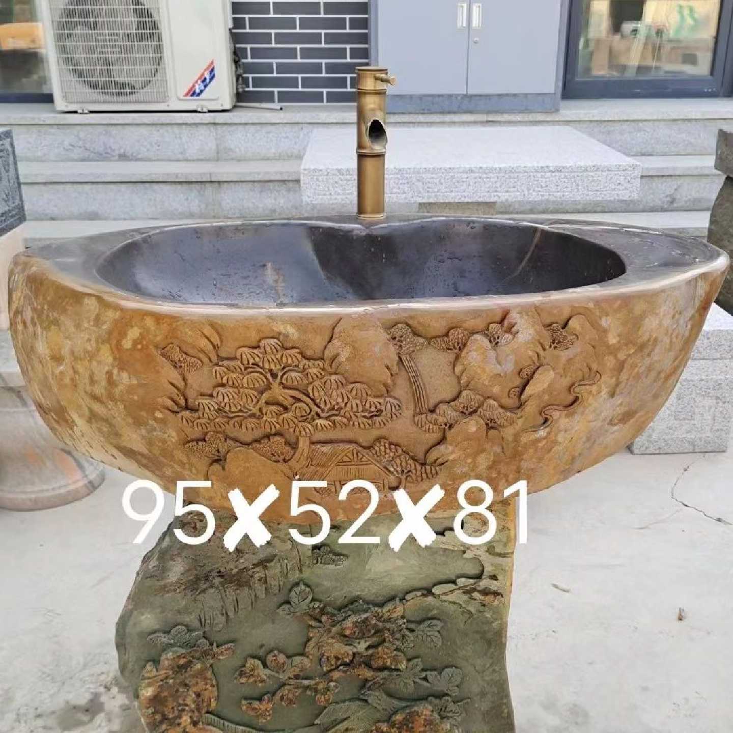 天然砚石洗手盆室内户外庭院花园复古雕花石头面盆整石水槽洗衣池