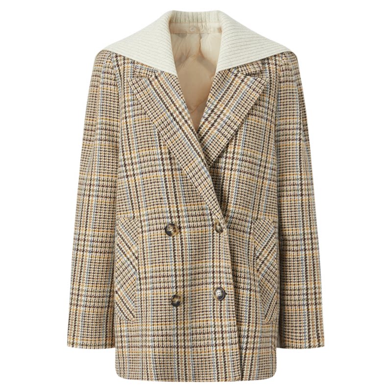 商场同款 摩萨克冬新款绵羊毛毛呢格纹西装羽绒大衣外套女