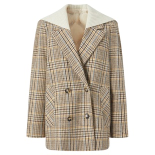 商场同款  摩萨克冬新款绵羊毛毛呢格纹西装羽绒大衣外套女