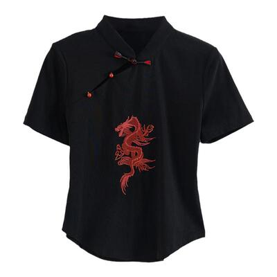 西町村屋国风刺绣盘扣T恤女夏季新款新中式修身短款上衣XAAB10205