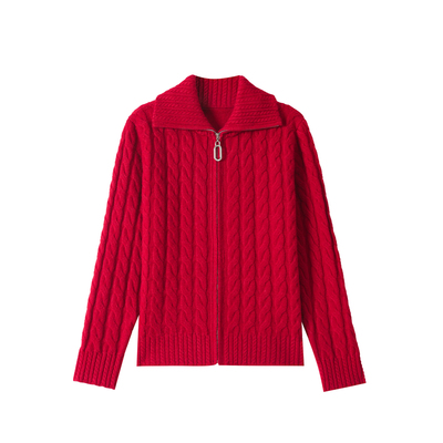 恒源祥纯羊毛秋冬新款翻领开衫女